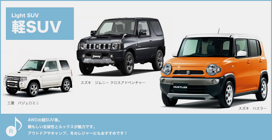 4WDの軽SUV車。頼もしい走破性とルックスが魅力です。アウトドアやキャンプ、冬のレジャーにもおすすめです!