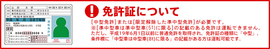 免許証について。中型免許が必要です。ただし、平成19年6月1日以前に普通免許を取得され、免許証の種類に「中型」、条件欄に「中型車は中型車(8t)に限る」の記載がある方は運転可能です。