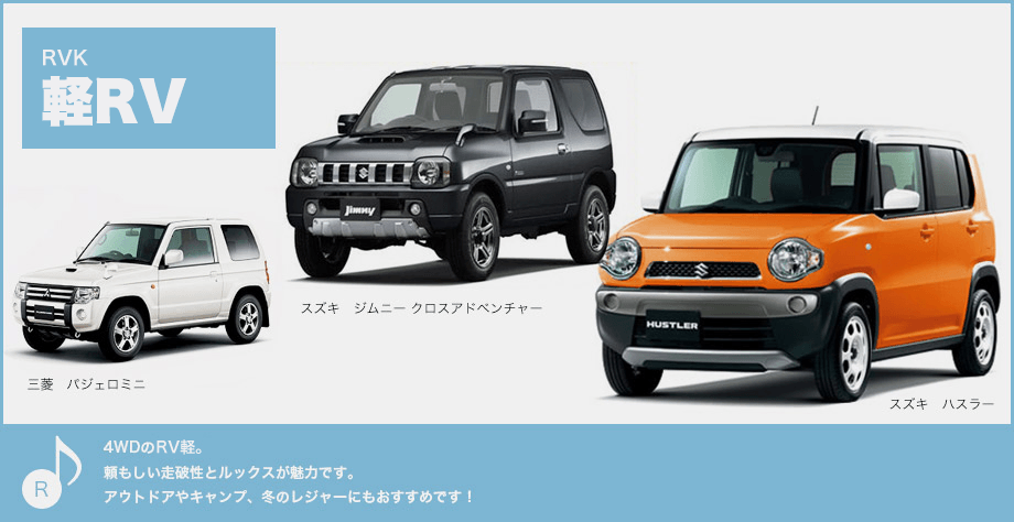 4WDの軽RV車。頼もしい走破性とルックスが魅力です。アウトドアやキャンプ、冬のレジャーにもおすすめです!