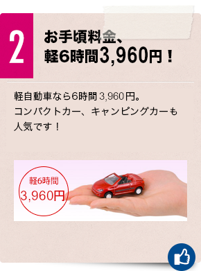 ２　お手頃料金、軽6時間3,240円！軽自動車なら6時間3,240円。コンパクトカー、ハイブリッド車も人気です！