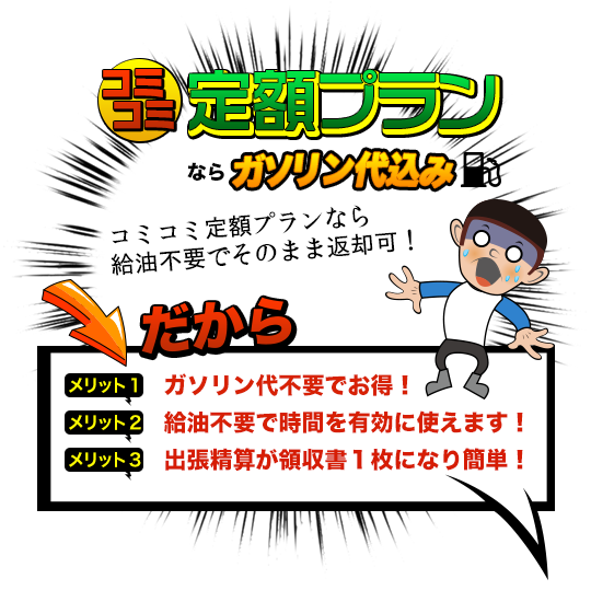 コミコミ定額プランなら給油不要でそのまま返却可!↓だからメリット1 ガソリン代不要でお得!メリット2 給油不要で時間を有効に使えます!メリット3 出張精算が領収書1枚になり簡単!